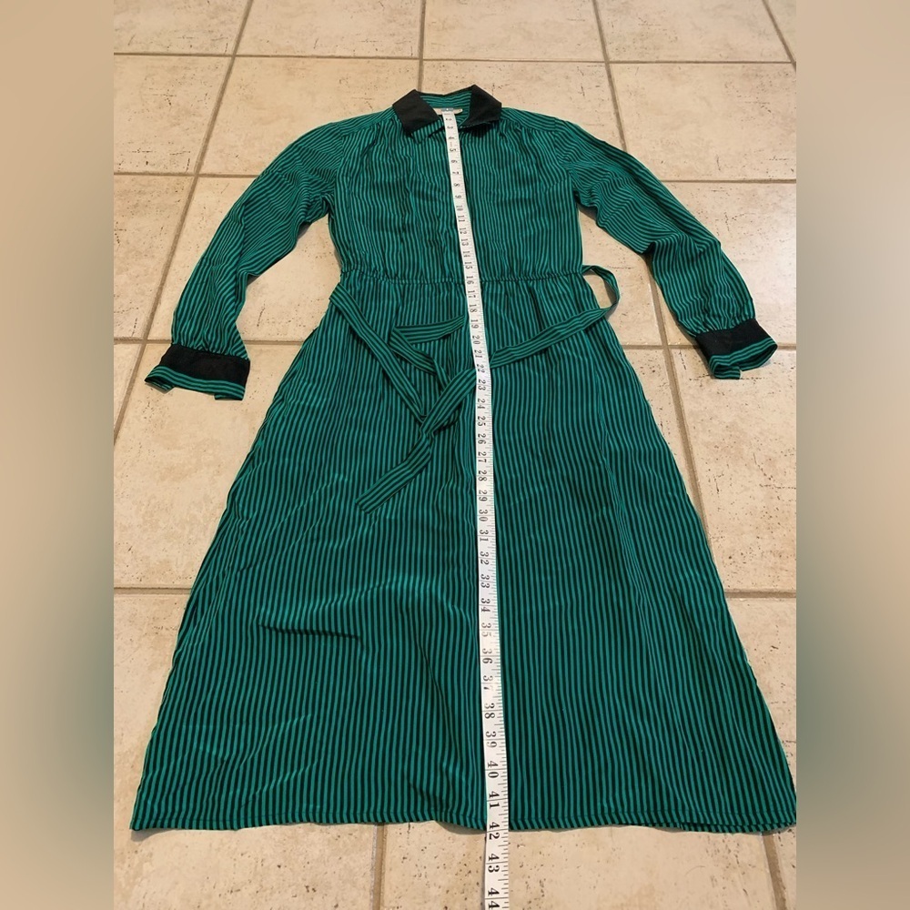 Vintage EATON 100% Silk Teal Black Striped Midi Dress Belted Button-Front Size 7 - Picture 7 of 7
